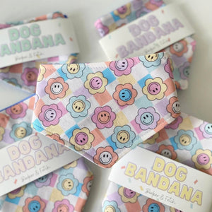 Dog bandana - Happy sherbet | pastel checkers | Smiley faces